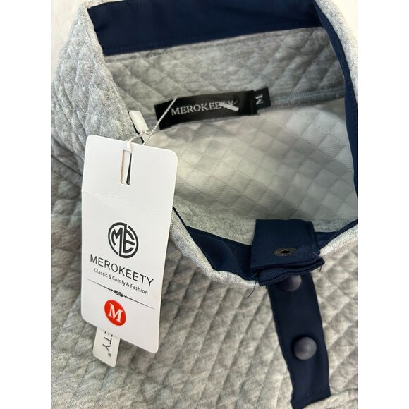 NWT MEROKEETY Button Quilted Patchwork Pullover Sweatshirt Women's Gray / Navy M - Picture 3 of 13